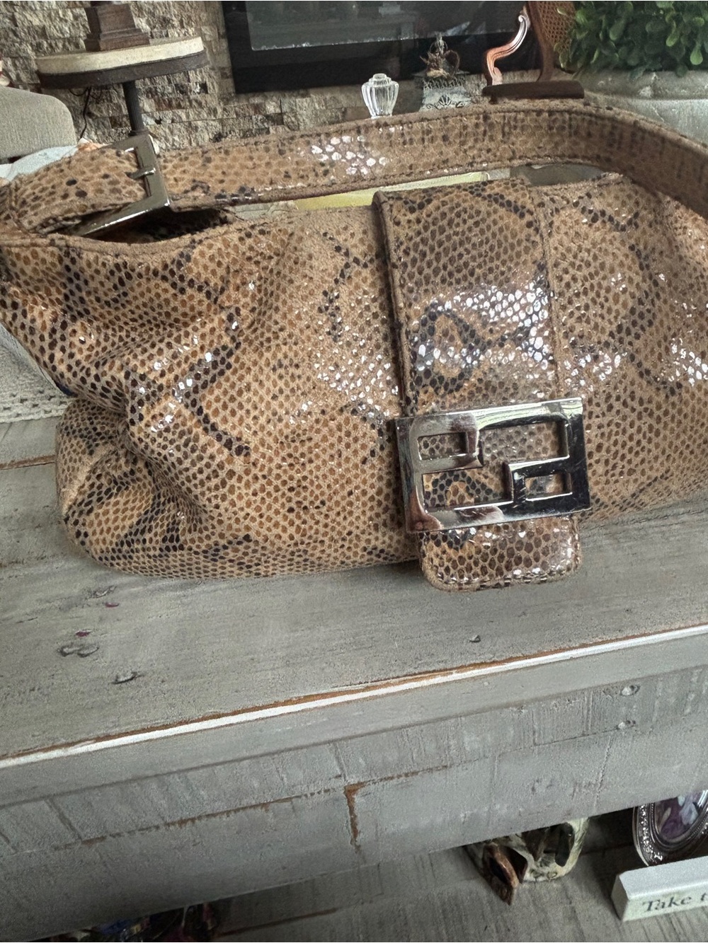 Brown Snakeskin-Print Shoulder Bag with Silver Buckle
